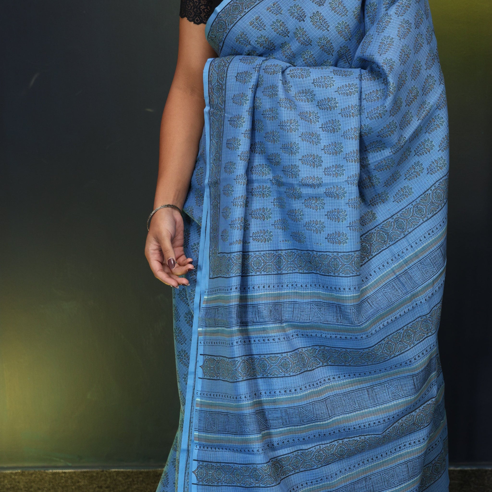 LIGHT PAINT BLUE HANDBLOCK PRINTED KOTA COTTON SAREE