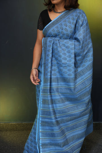 LIGHT PAINT BLUE HANDBLOCK PRINTED KOTA COTTON SAREE