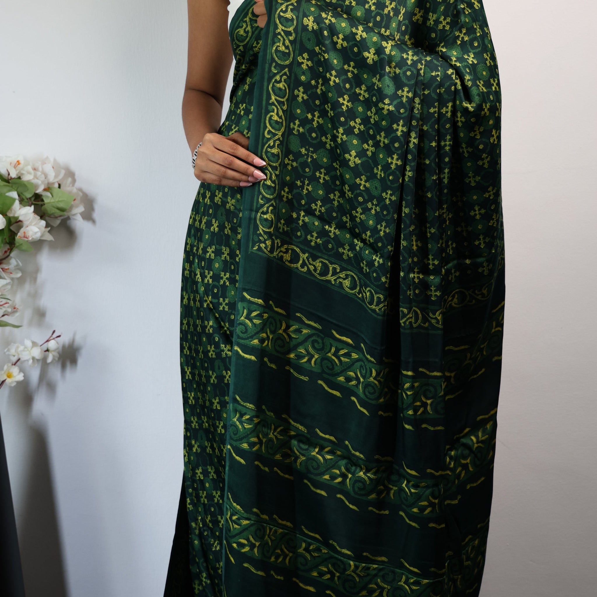 GREEN & YELLOW AJRAKH MODAL SILK SAREE