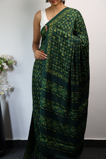 GREEN & YELLOW AJRAKH MODAL SILK SAREE