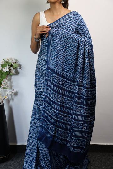 INDIGO DABU Printed Modal Silk Saree