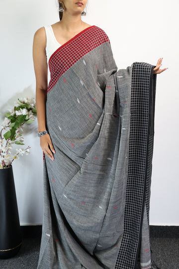 GREY KHADI HANDLOOM SAREE