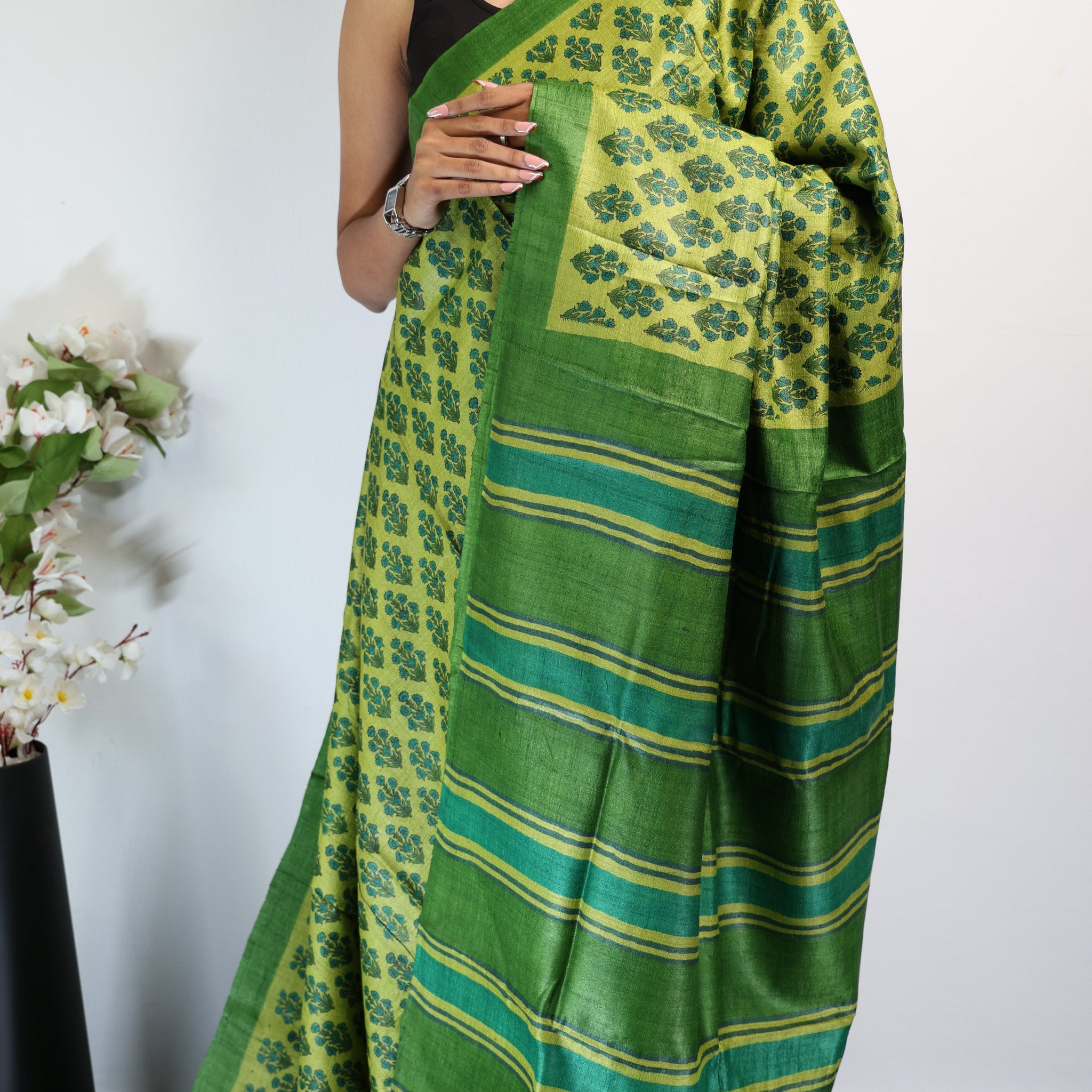 Green handblock Printed Pure Tussar Saree