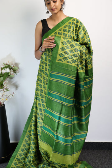 Green handblock Printed Pure Tussar Saree