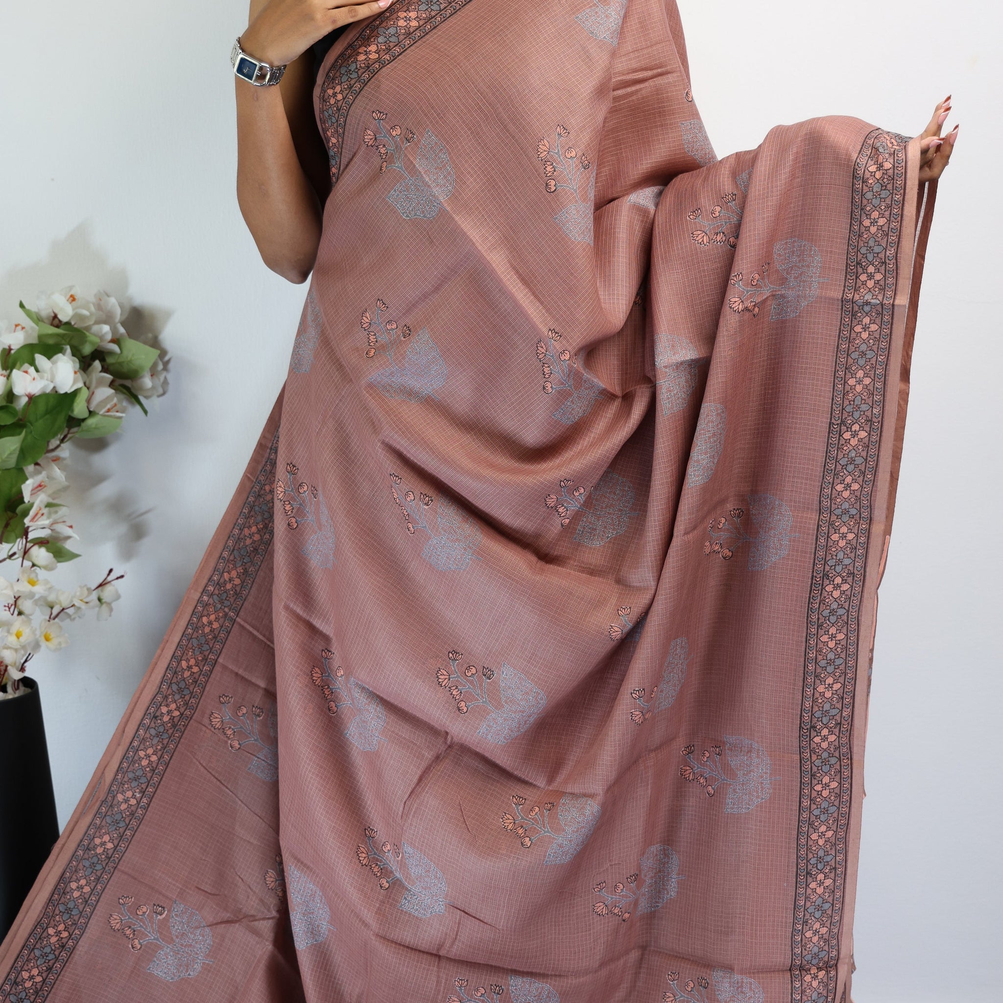 Taupe handblock printed kota cotton saree