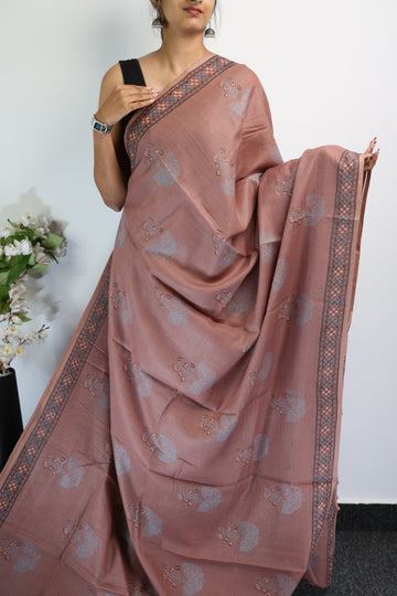 Taupe handblock printed kota cotton saree