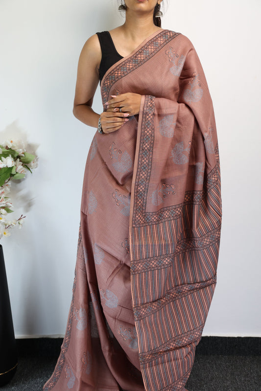 Taupe handblock printed kota cotton saree