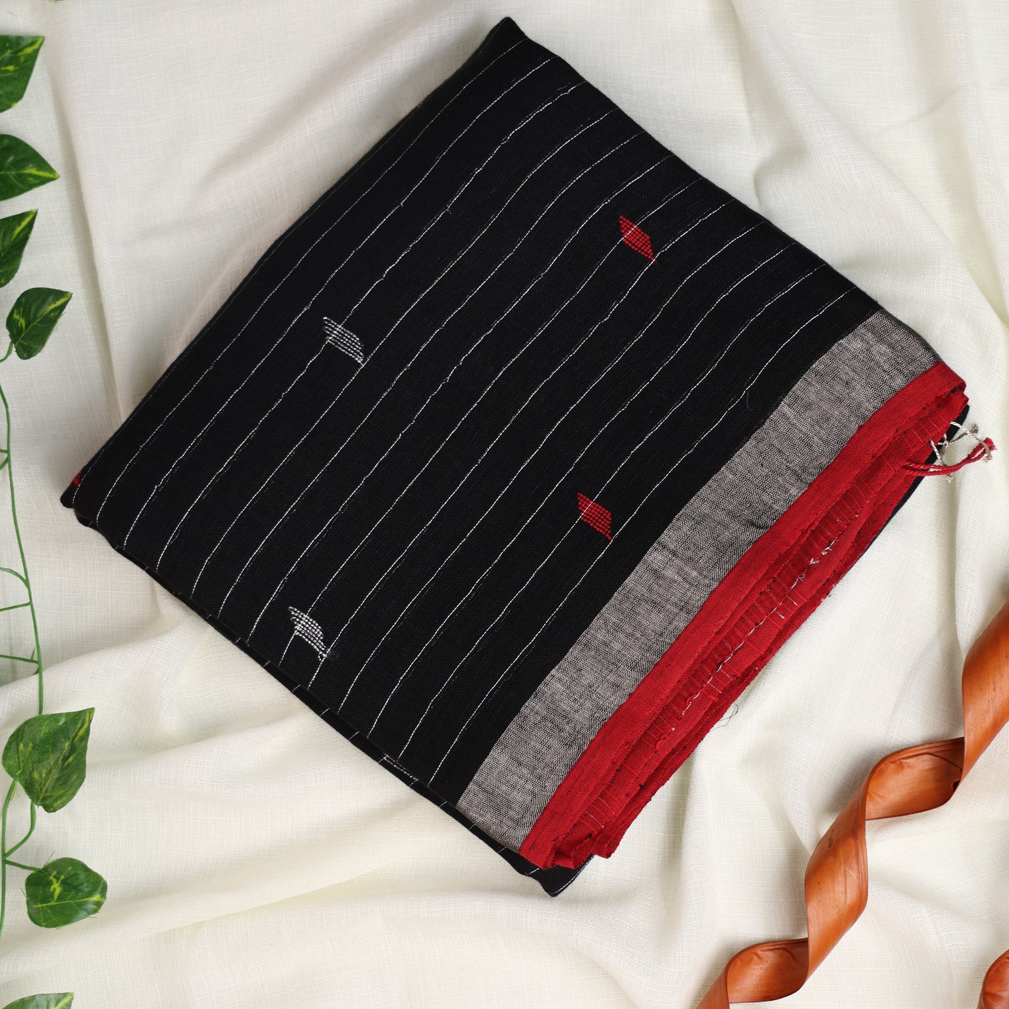 BLACK & RED STRIPED JAMDANI LINEN SAREE