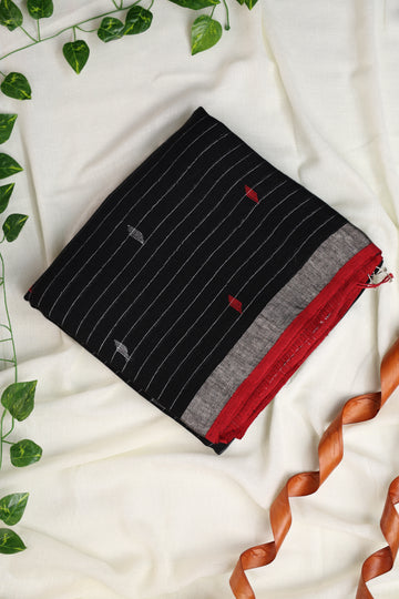 BLACK & RED STRIPED JAMDANI LINEN SAREE