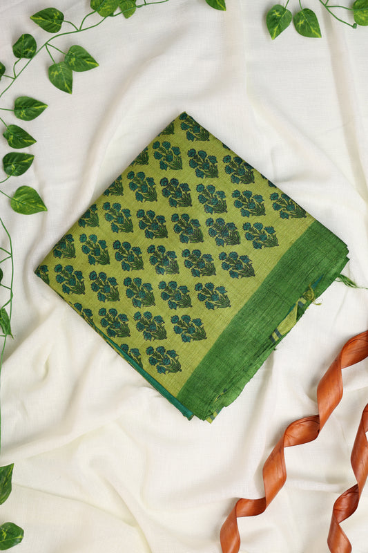 Green handblock Printed Pure Tussar Saree