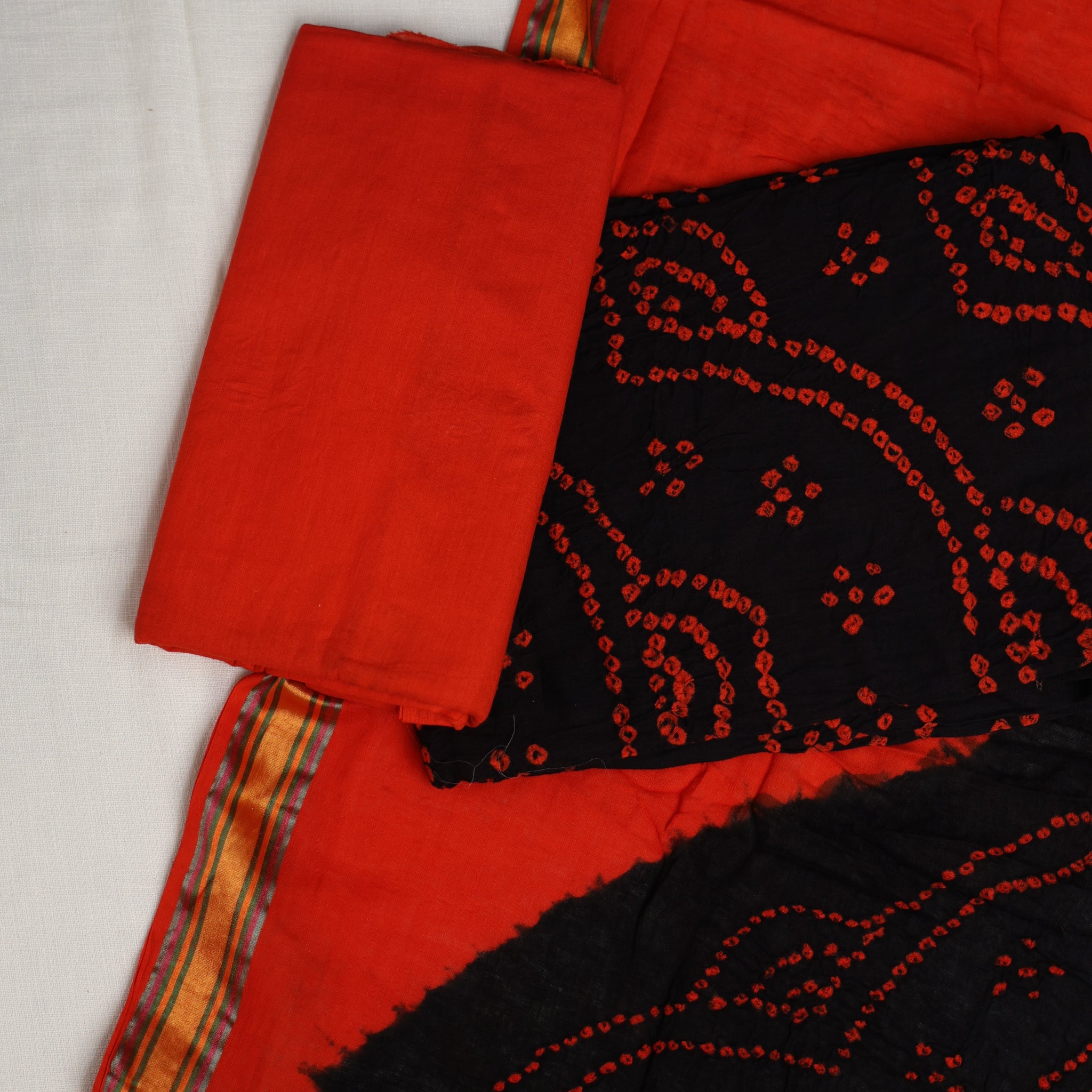 ORANGE & BLACK  BANDHANI COTTON SUIT SET