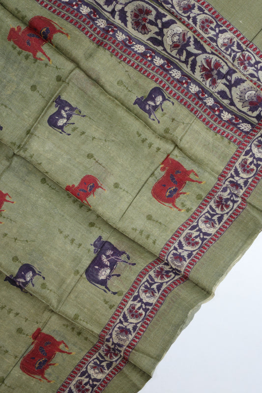 OLIVE GREEN TUSSAR  PICHWAI HANDBLOCK PRINTED SUIT