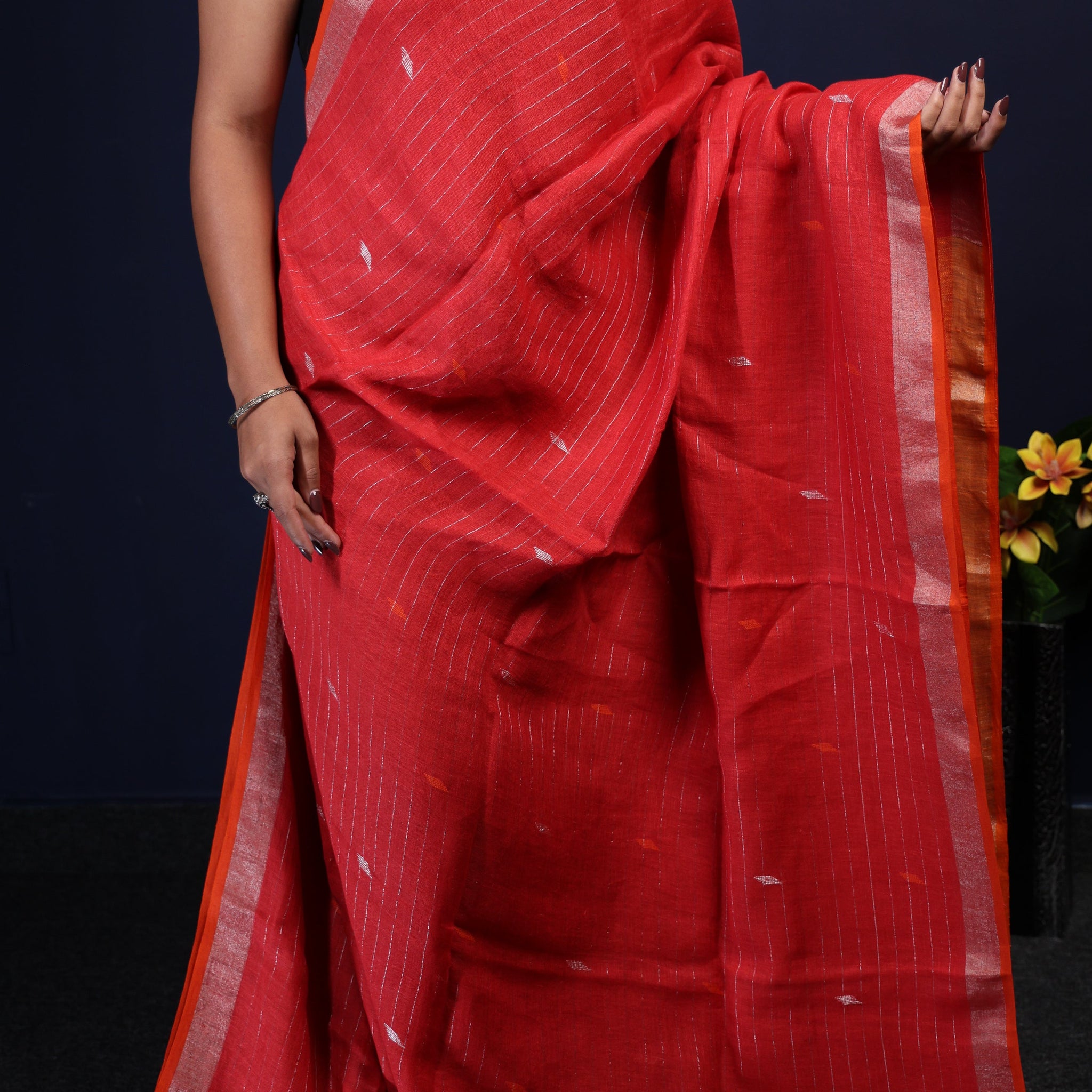 TOMATO RED STRIPED JAMDANI LINEN SAREE