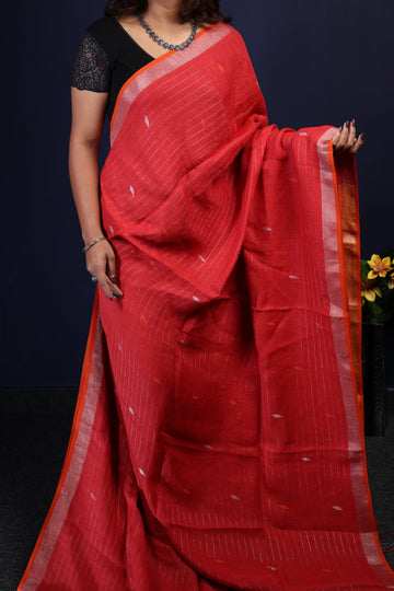 TOMATO RED STRIPED JAMDANI LINEN SAREE