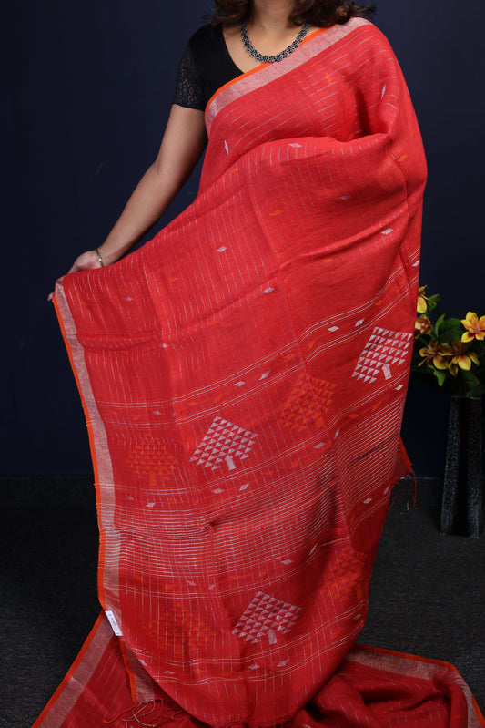 TOMATO RED STRIPED JAMDANI LINEN SAREE