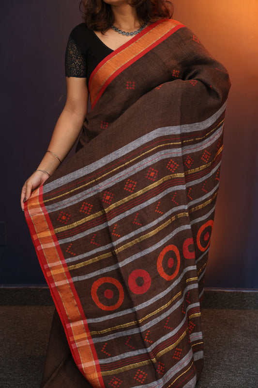 BROWN JAMDANI LINEN SAREE