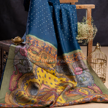 PRUSSIAN BLUE BANDHANI-KALAMKARI TUSSAR SAREE