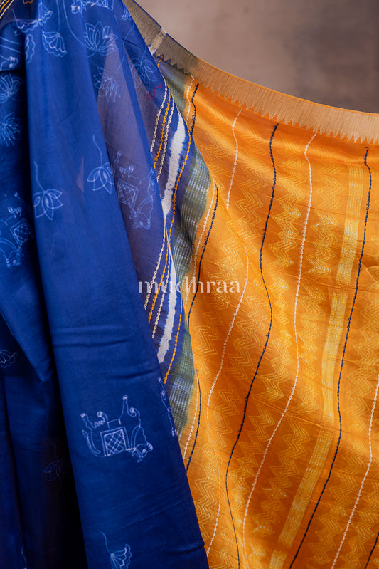 MANGO YELLOW & INDIGO PICHWAI SHIBORI CHANDERI GHICHA SAREE