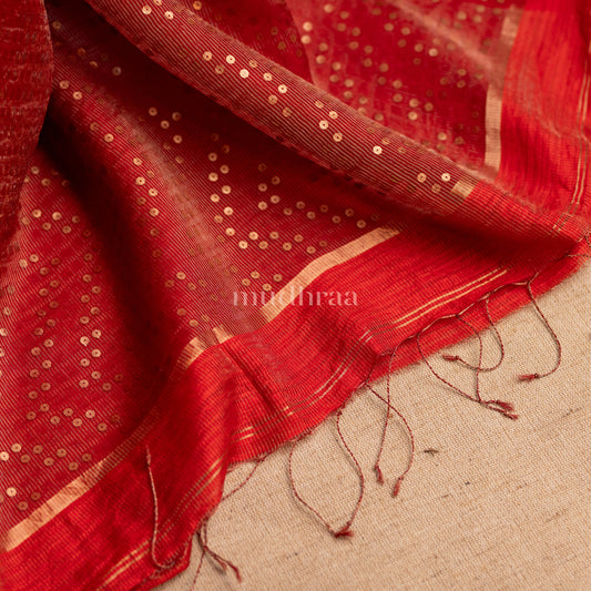 SCARLET SEQUIN MUSLIN TISSUE SILK SAREE