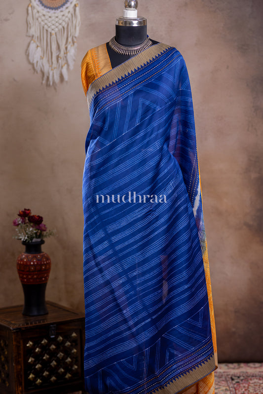 MANGO YELLOW & INDIGO SHIBORI CHANDERI GHICHA SAREE
