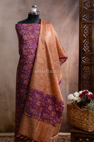 WINE & PEACH PRINTED TUSSAR SUIT SET