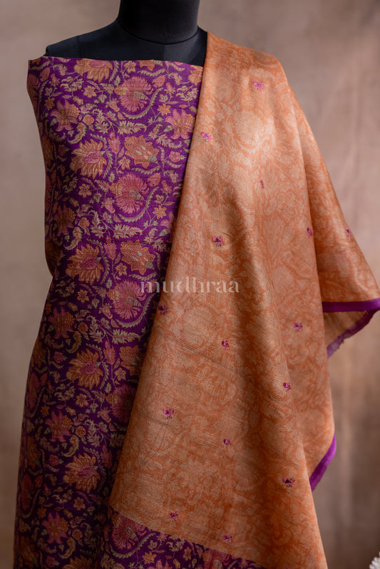 WINE & PEACH PRINTED TUSSAR SUIT SET