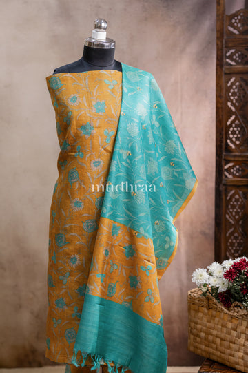 YELLOW & AQUA PRINTED TUSSAR SUIT SET