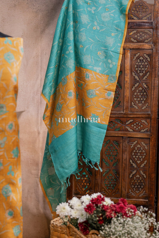 YELLOW & AQUA PRINTED TUSSAR SUIT SET