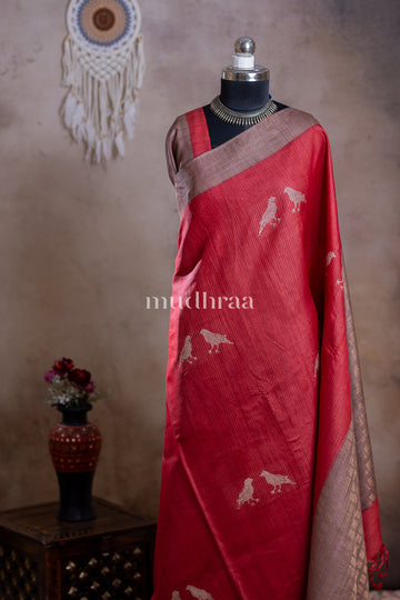 CRIMSON RED & TAUPE HANDWOVEN TUSSAR SILK SAREE