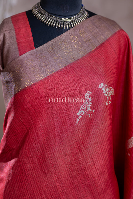 CRIMSON RED & TAUPE HANDWOVEN TUSSAR SILK SAREE