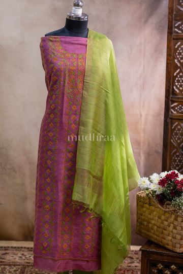 PINK & GREEN EMBROIDERED TUSSAR SUIT