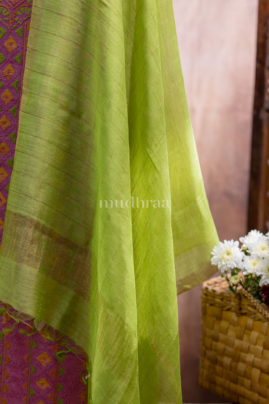 PINK & GREEN EMBROIDERED TUSSAR SUIT