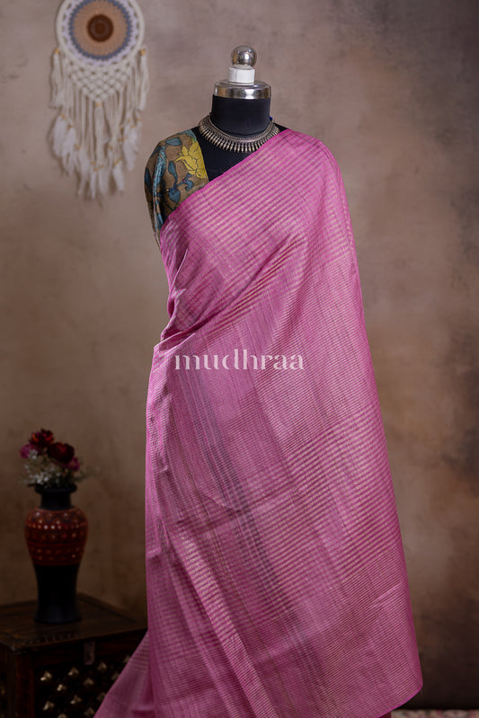 BUBBLEGUM ZARI STRIPED TUSSAR SILK SAREE - CONTRAST BLOUSE