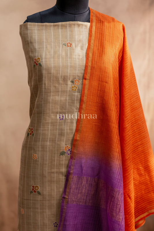 IVORY EMBROIDERED TUSSAR SUIT SET