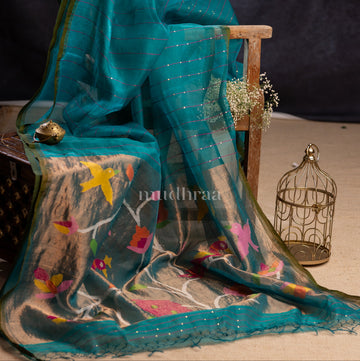 TEAL MUSLIN JAMDANI PALLU SAREE