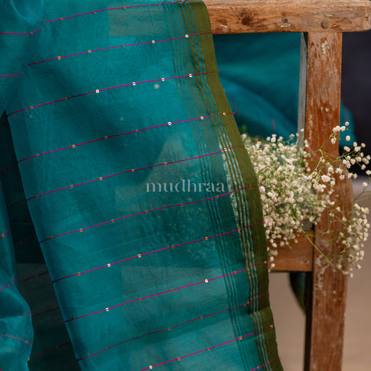 TEAL MUSLIN JAMDANI PALLU SAREE
