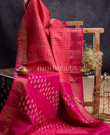 BARBIE PINK HANDBLOCK PRINTED TUSSAR SAREE