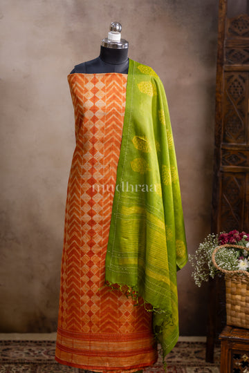 SAFFRON & GREEN SHIBORI TUSSAR SUIT SET