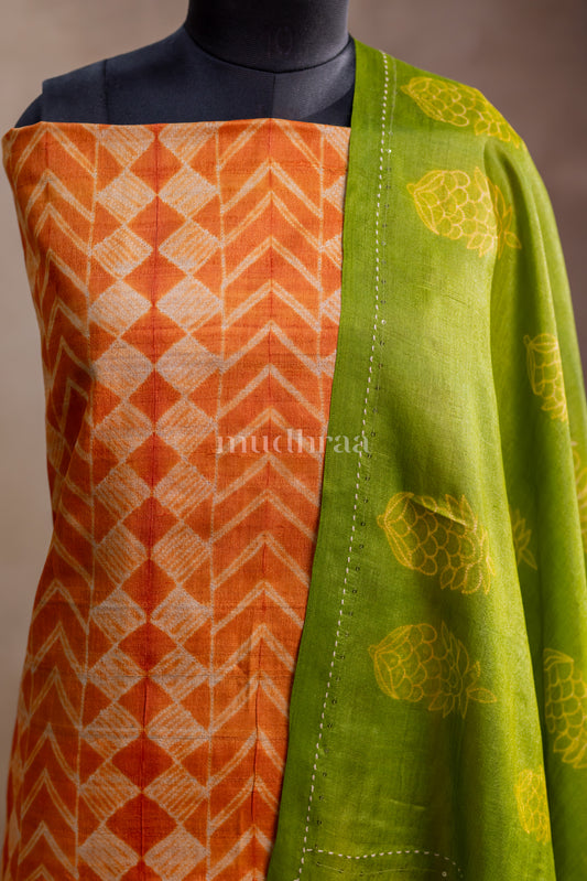 SAFFRON & GREEN SHIBORI TUSSAR SUIT SET