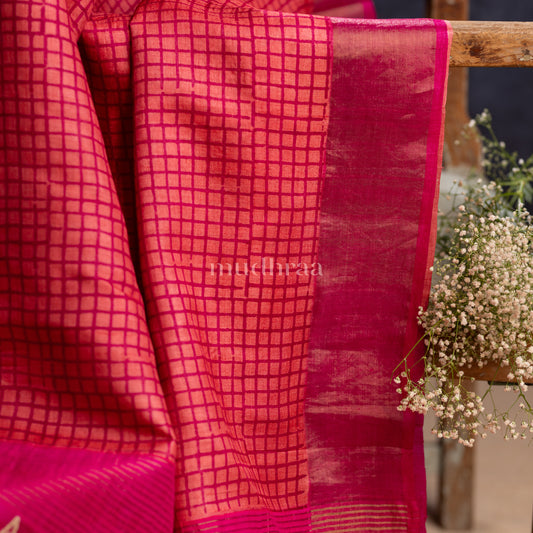 BARBIE PINK HANDBLOCK PRINTED TUSSAR SAREE