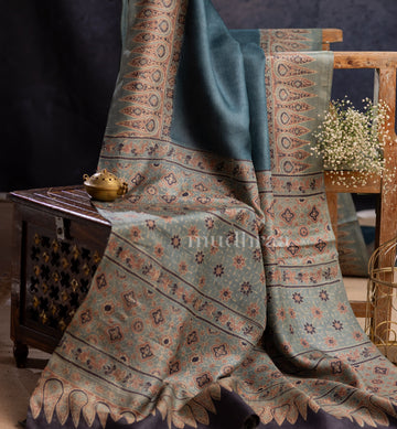 AZURE BLUE AJRAKH TUSSAR SILK SAREE