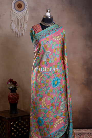 TAFFY PINK & SKY BLUE KALAMKARI EMBROIDERED TUSSAR SAREE
