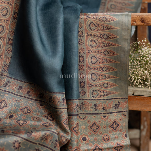 AZURE BLUE AJRAKH TUSSAR SILK SAREE