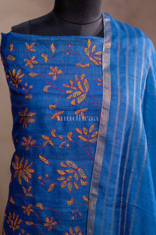 COBALT BLUE KANTHA TUSSAR SUIT SET