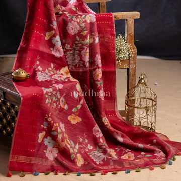 TOMATO RED FLORAL MUSLIN SILK SAREE