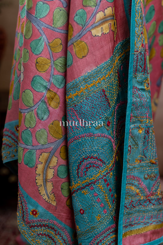 TAFFY PINK & SKY BLUE KALAMKARI EMBROIDERED TUSSAR SAREE