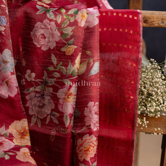 TOMATO RED FLORAL MUSLIN SILK SAREE