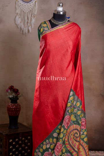 APPLE RED CUT-WORK KALAMKARI TUSSAR SILK SAREE