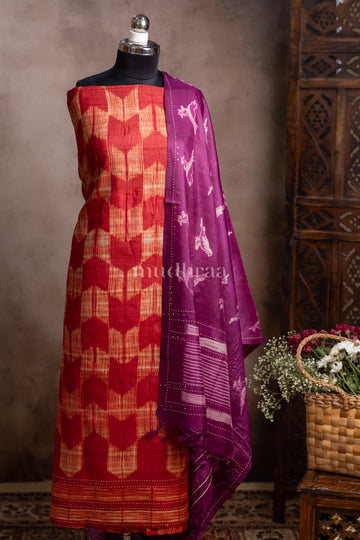 SCARLET & PURPLE SHIBORI TUSSAR SUIT SET