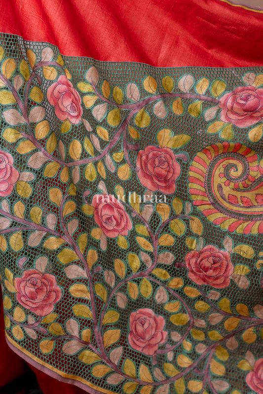 APPLE RED CUT-WORK KALAMKARI TUSSAR SILK SAREE
